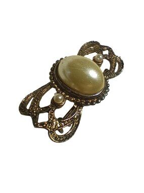 Vintage Filigree Brooch Gold-Tone With Faux Pearl Accents & Oval Centerpiece